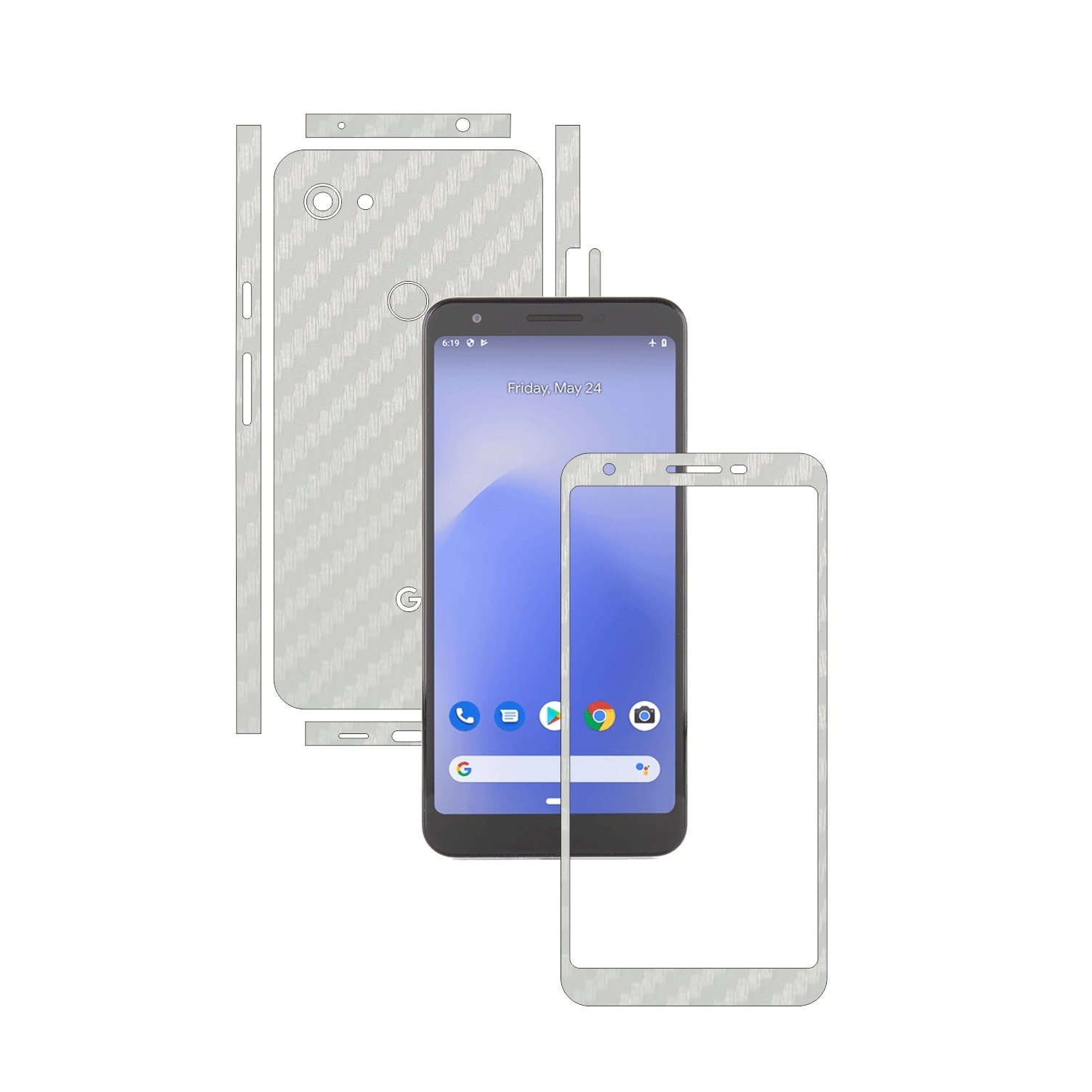 Folie Protectie Carbon Skinz pentru Google Pixel 3a XL - Carbon Alb Split Cut, Skin Adeziv Full Body Cover pentru Rama Ecran, Carcasa Spate si Laterale