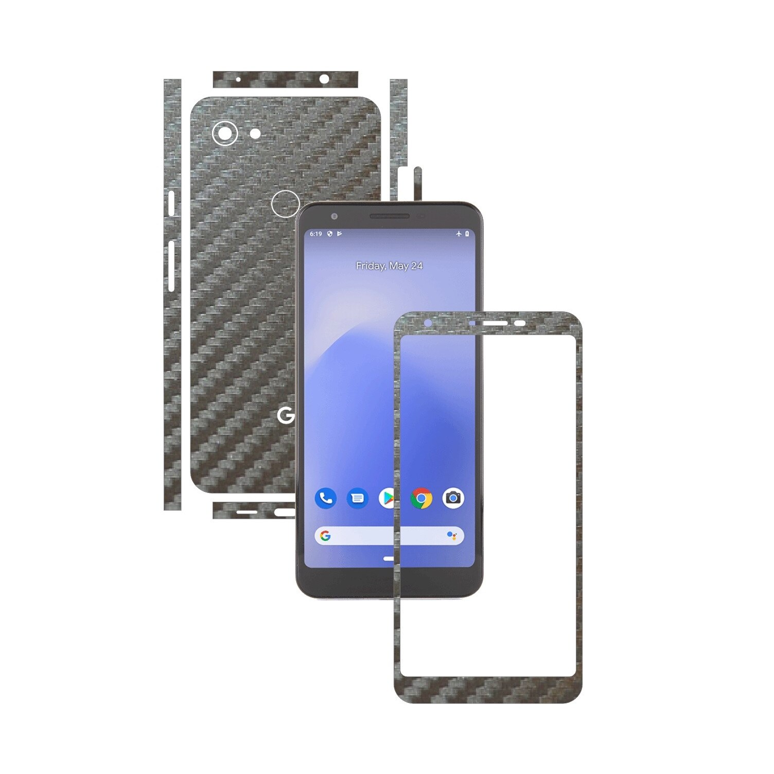 Folie Protectie Carbon Skinz pentru Google Pixel 3a - Carbon Gri Argintiu Split Cut, Skin Adeziv Full Body Cover pentru Rama Ecran, Carcasa Spate si Laterale