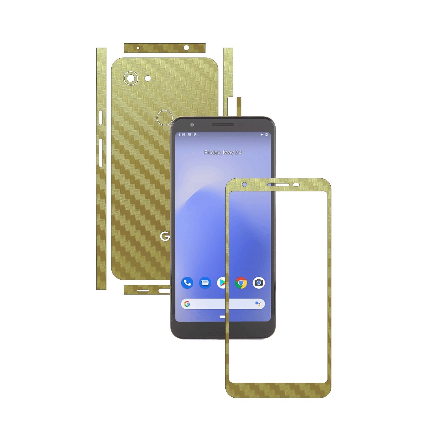 Folie Protectie Carbon Skinz pentru Google Pixel 3a - Carbon Auriu Split Cut, Skin Adeziv Full Body Cover pentru Rama Ecran, Carcasa Spate si Laterale