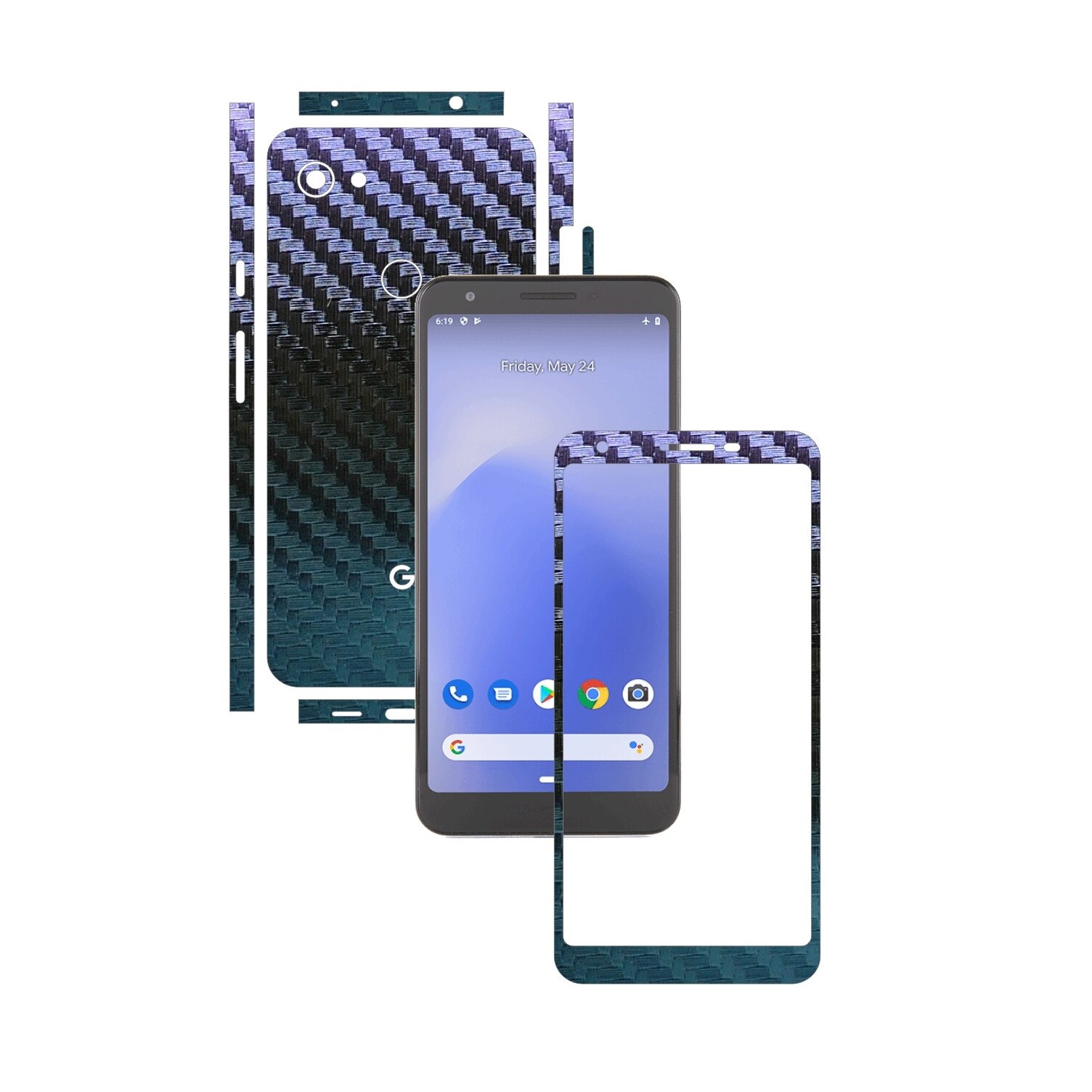 Folie Protectie Carbon Skinz pentru Google Pixel 3a XL - Carbon Cameleon Split Cut, Skin Adeziv Full Body Cover pentru Rama Ecran, Carcasa Spate si Laterale