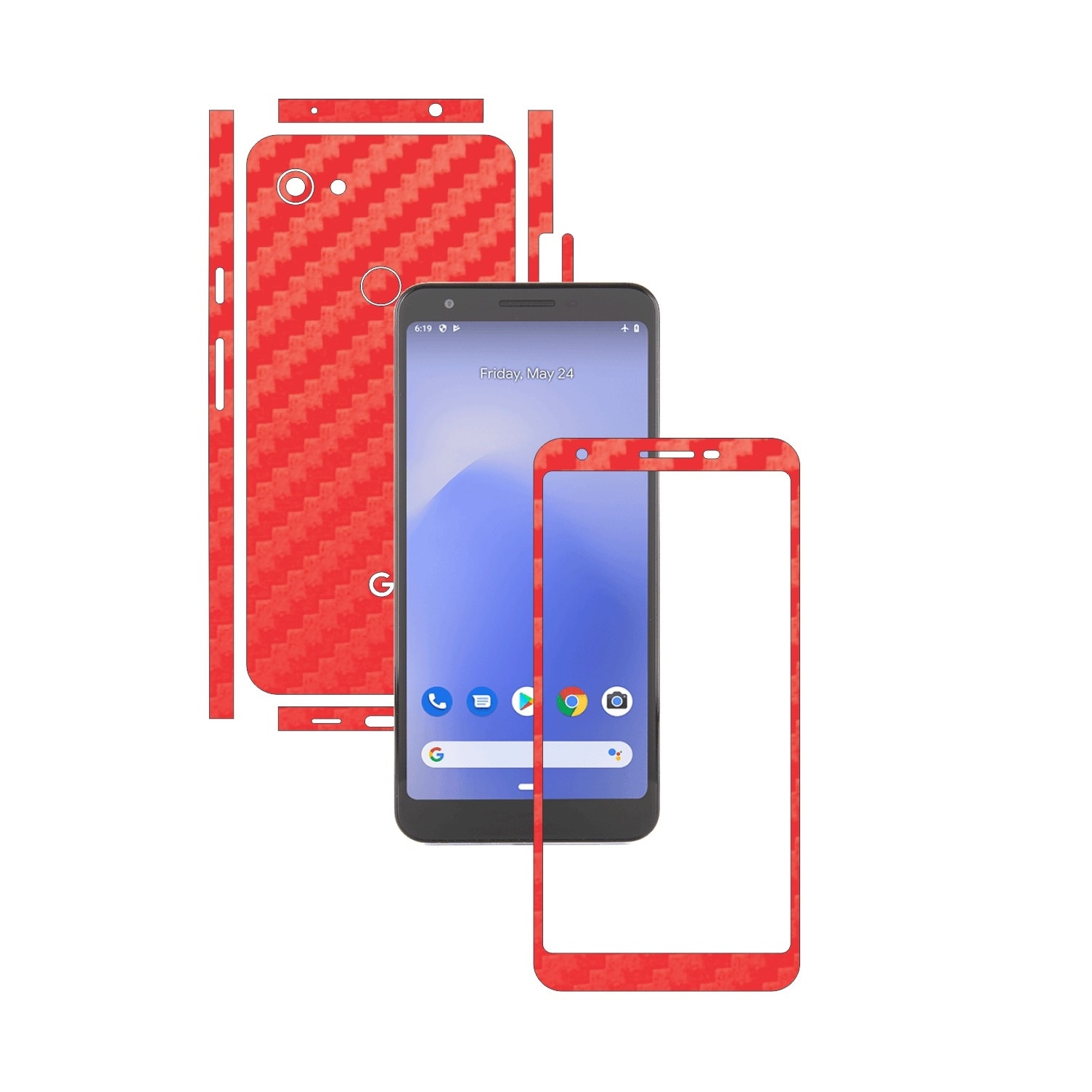 Folie Protectie Carbon Skinz pentru Google Pixel 3a XL - Carbon Rosu Split Cut, Skin Adeziv Full Body Cover pentru Rama Ecran, Carcasa Spate si Laterale