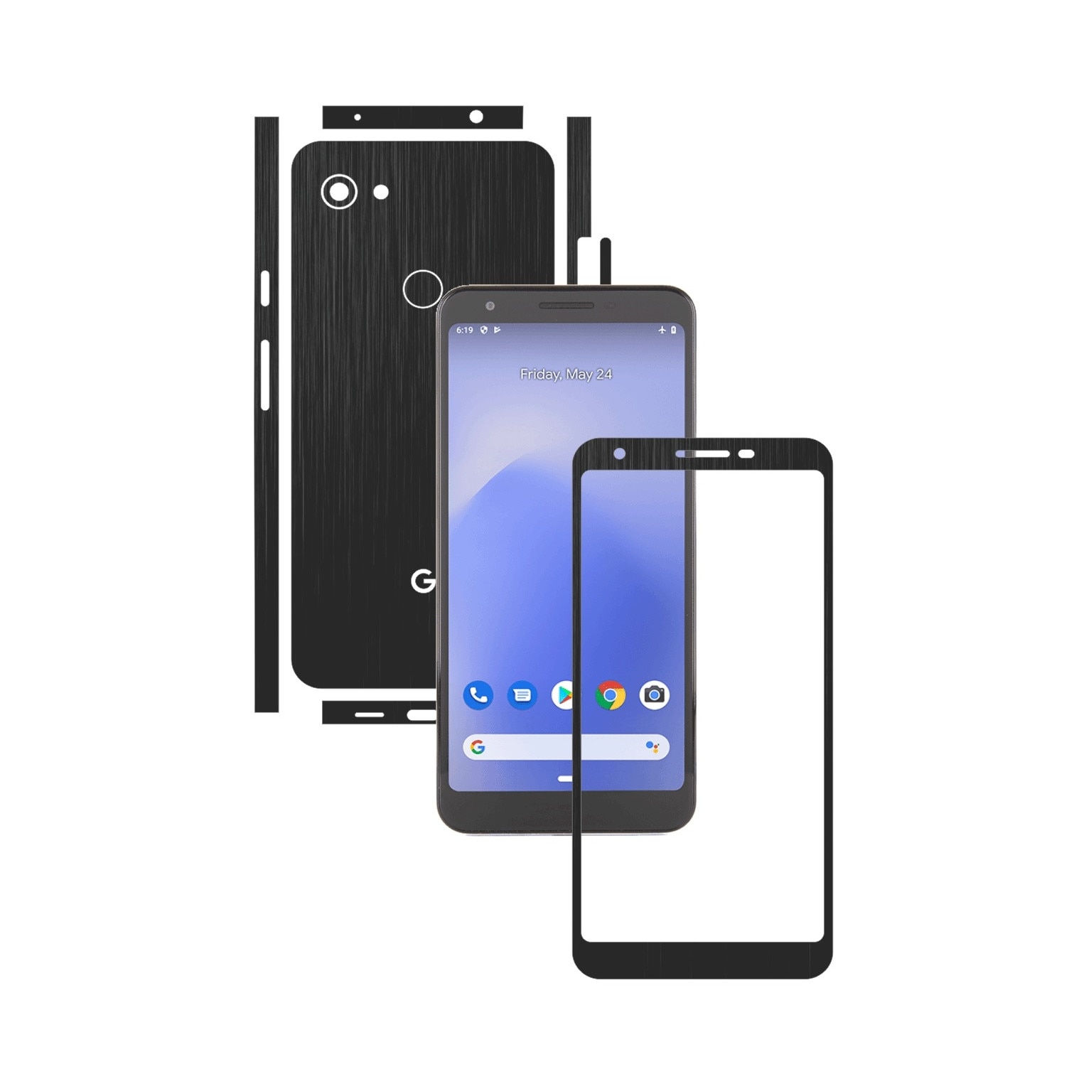 Folie Protectie Carbon Skinz pentru Google Pixel 3a XL - Brushed Negru Split Cut, Skin Adeziv Full Body Cover pentru Rama Ecran, Carcasa Spate si Laterale