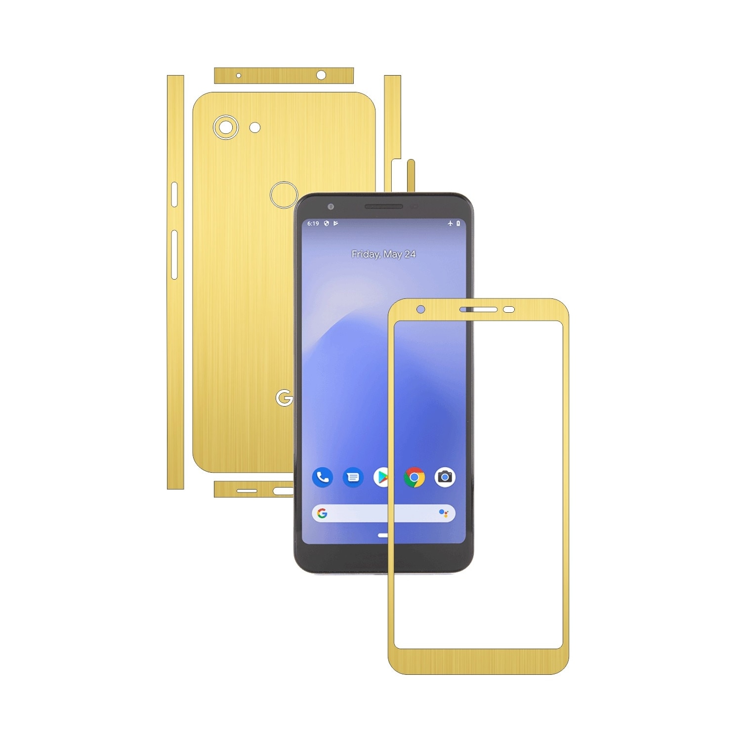 Folie Protectie Carbon Skinz pentru Google Pixel 3a XL - Brushed Auriu Split Cut, Skin Adeziv Full Body Cover pentru Rama Ecran, Carcasa Spate si Laterale