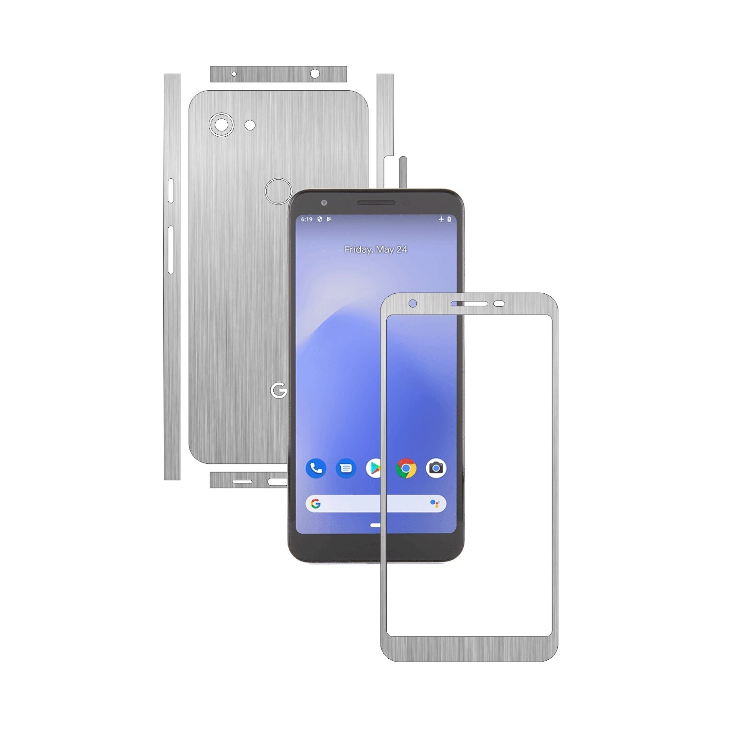 Folie Protectie Carbon Skinz pentru Google Pixel 3a XL - Brushed Argintiu Split Cut, Skin Adeziv Full Body Cover pentru Rama Ecran, Carcasa Spate si Laterale