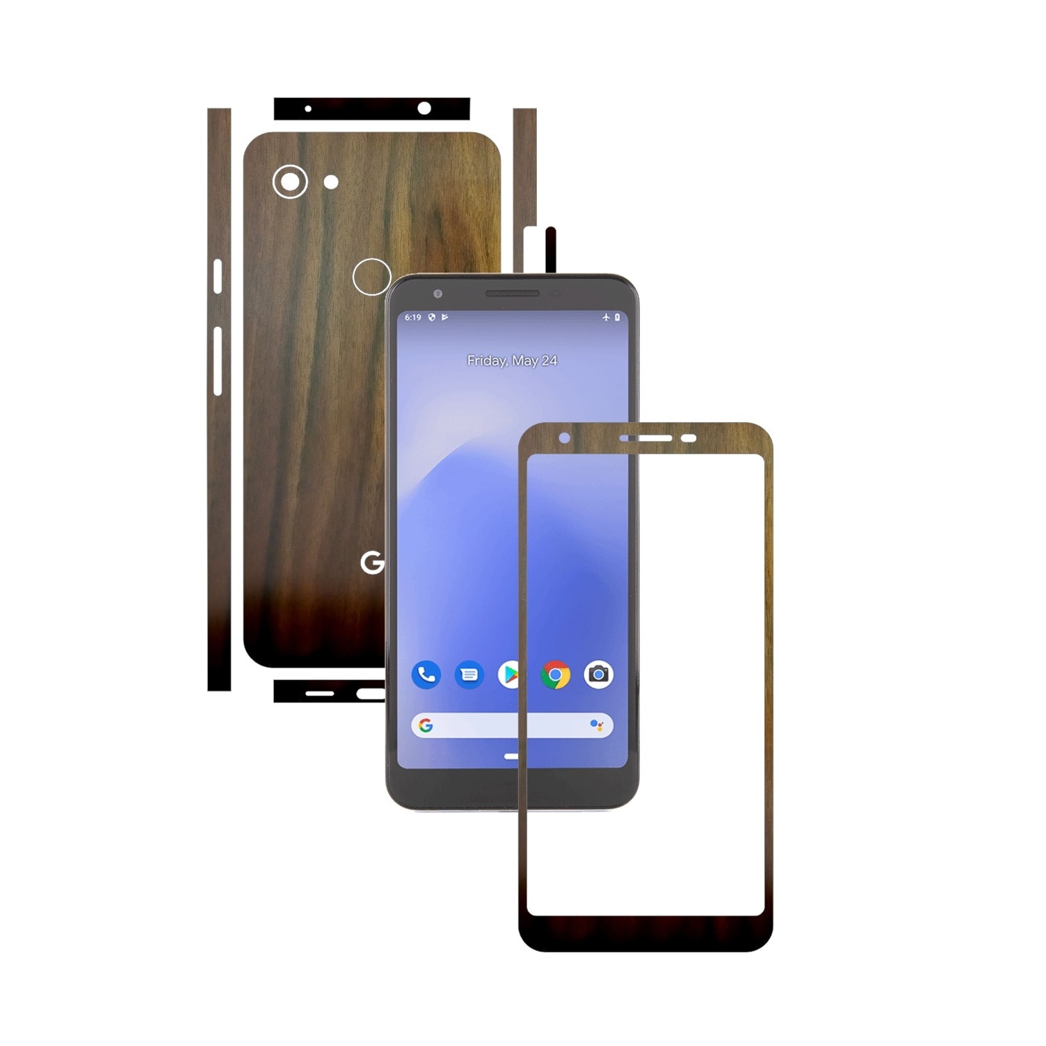 Folie Protectie Carbon Skinz pentru Google Pixel 3a - Lemn Nuc Split Cut, Skin Adeziv Full Body Cover pentru Rama Ecran, Carcasa Spate si Laterale