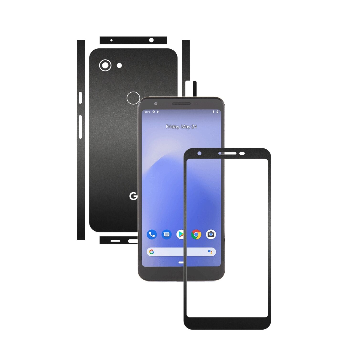 Folie Protectie Carbon Skinz pentru Google Pixel 3a XL - Negru Mat Split Cut, Skin Adeziv Full Body Cover pentru Rama Ecran, Carcasa Spate si Laterale