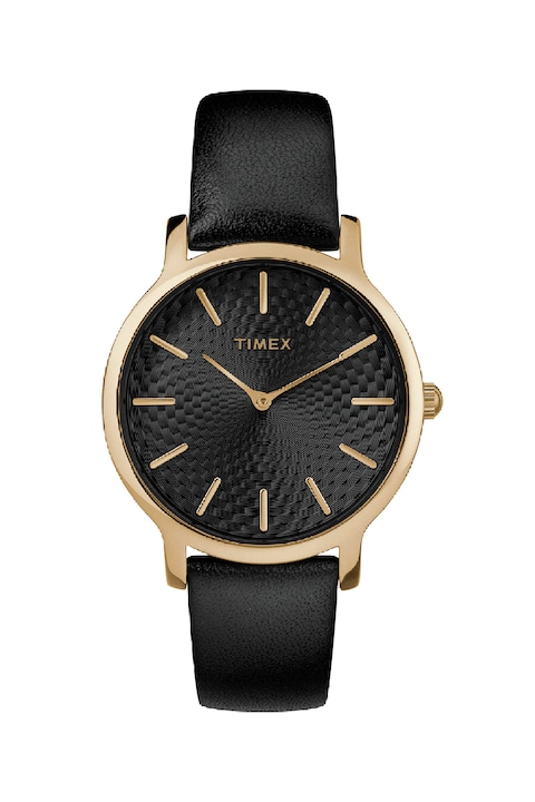 Timex, Ceas rotund cu o curea de piele, Negru/Auriu