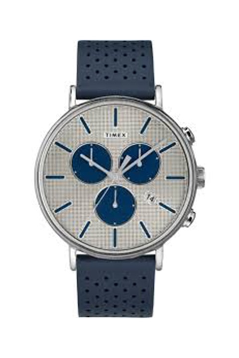 Timex, Часовник Fairfield с кожена каишка и хронограф, 41 мм, Тъмносин/Сребрист