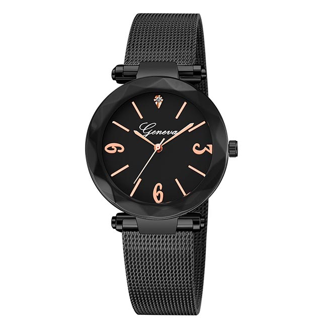 Ceas Geneva Dama Quartz Casual Elegant Negru, PN999514NU, curea din metal (mesh), afisaj Analog