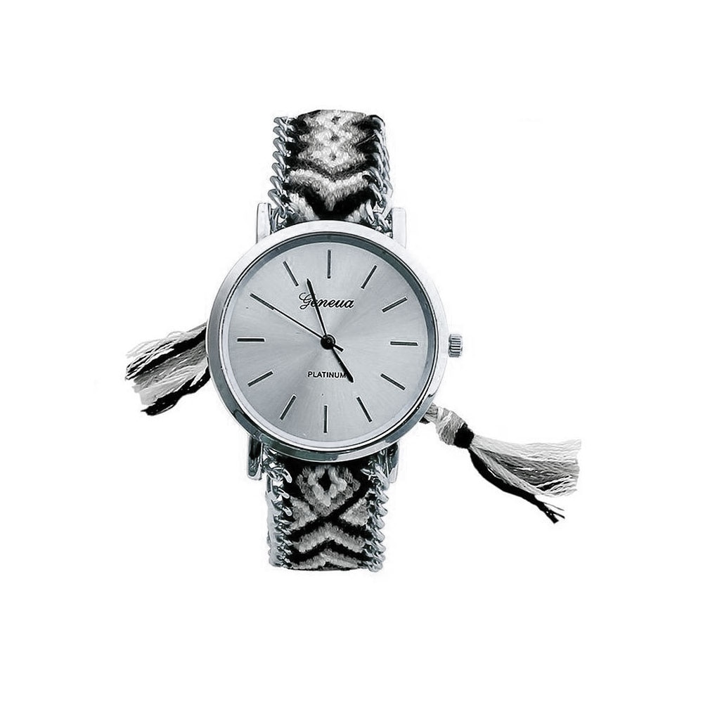 Ceas Geneva Dama Quartz Casual Elegant Silver-negru, PN999610SNU, curea din material textil, afisaj Analog