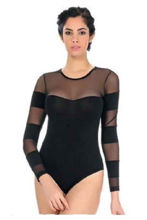 Body dama, Ozkan, Bumbac, cu maneci lungi, cu insertii din tul, Negru, Negru