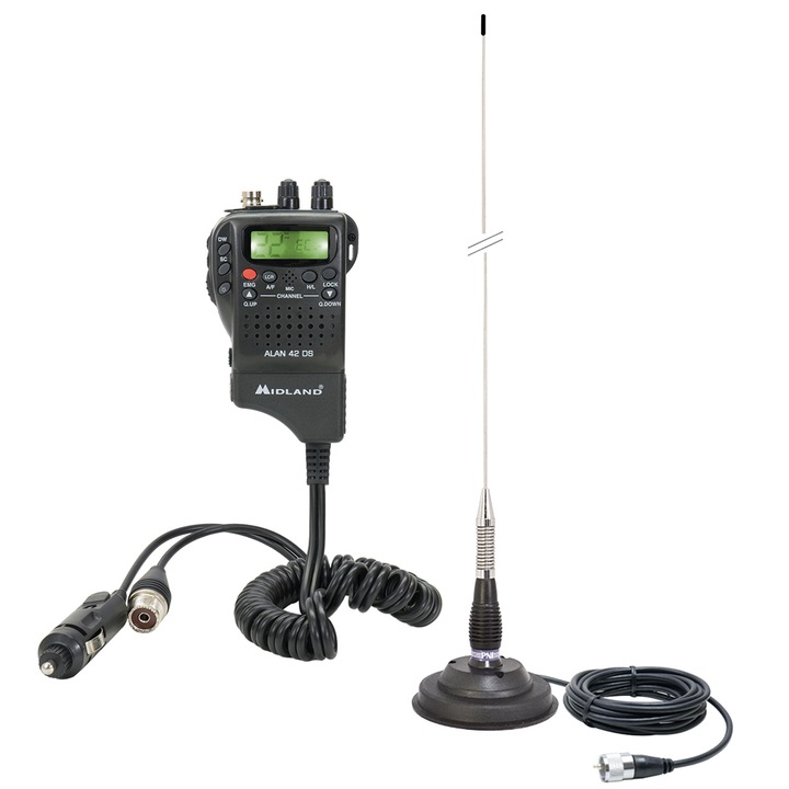 Pachet statie radio CB portabila Midland Alan 42 DS, cu Squelch Automat Digital, 12V + Antena CB PNI ML100, lungime 100 cm, 26-30MHz, magnet 125mm inclus