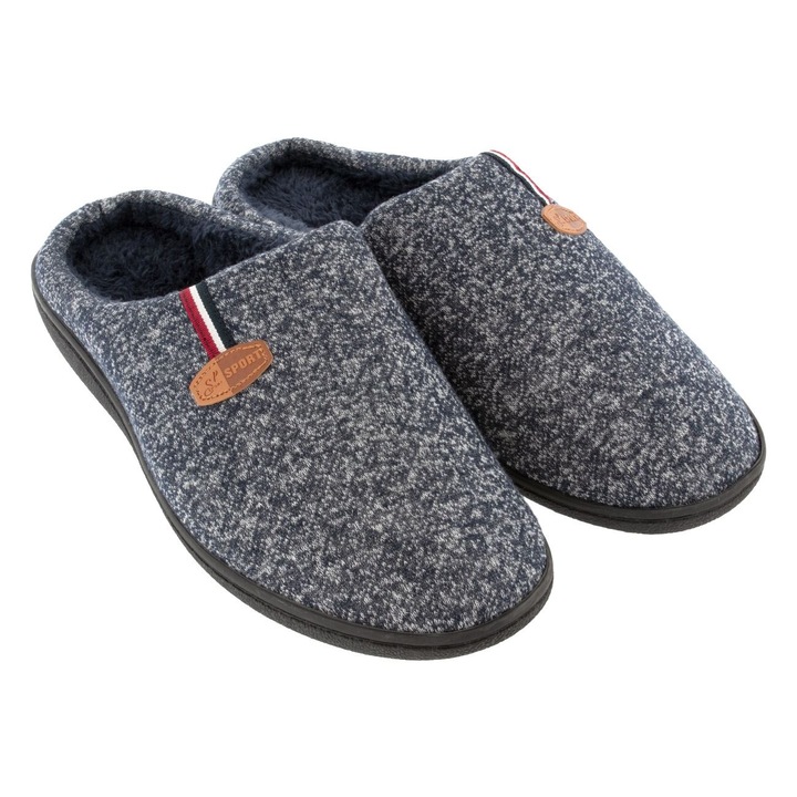 Papuci de iarna pentru barbati, cu interior imblanit, gri/albastru, poliester