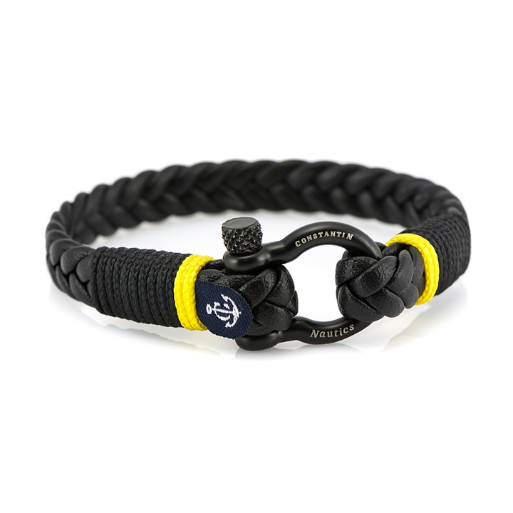 Bratara Constantin Nautics din piele, culoare Negru, cu elemente nautice si prindere tip brida din otel inoxidabil cod CNJ 10028 - S
