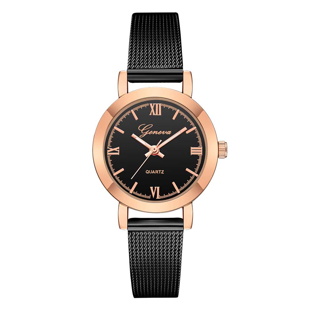 Ceas Geneva Dama Quartz Casual Elegant Negru-rose, PN999280NRE, curea din metal (mesh), afisaj Analog