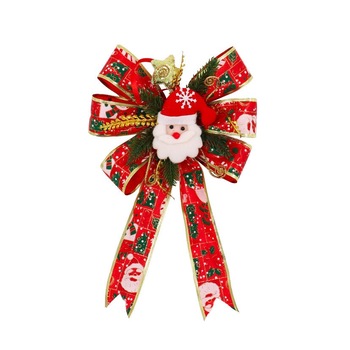 Fundita decorativa iMKⓇ, Din poliester, Rosu, Cu elemente simbolice de Craciun, 35 cm Fundita decorativa iMKⓇ, Din poliester, Rosu, Cu elemente simbolice de Craciun, 35 cm