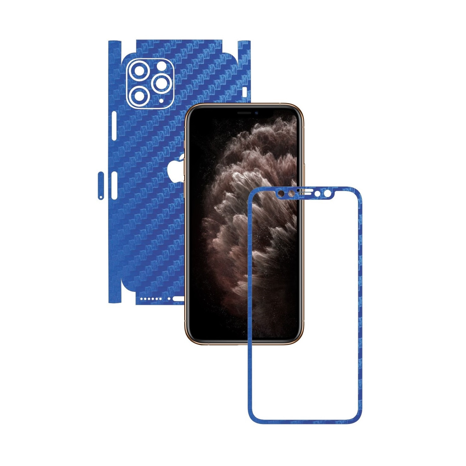 Folie Protectie Carbon Skinz pentru Apple iPhone 11 Pro Max - CAM CUT - Carbon Albastru 360 Cut, Skin Adeziv Full Body Cover pentru Rama Ecran, Carcasa Spate si Laterale