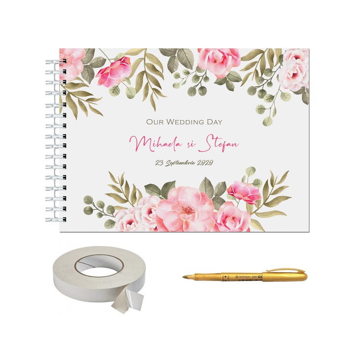 Set Album foto / GuestBook pentru nunta, MODEL FLOWERS 1, personalizabil, A4 landscape, pix si dubluadeziv inclus, 3 piese