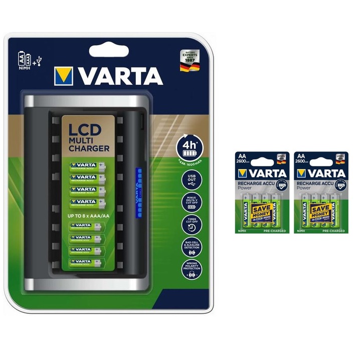 VARTA LCD Multicharger AA/AAA 8 Csatornás töltőcsomag, 8 VARTA AA 2600mAh Akkumulátorral