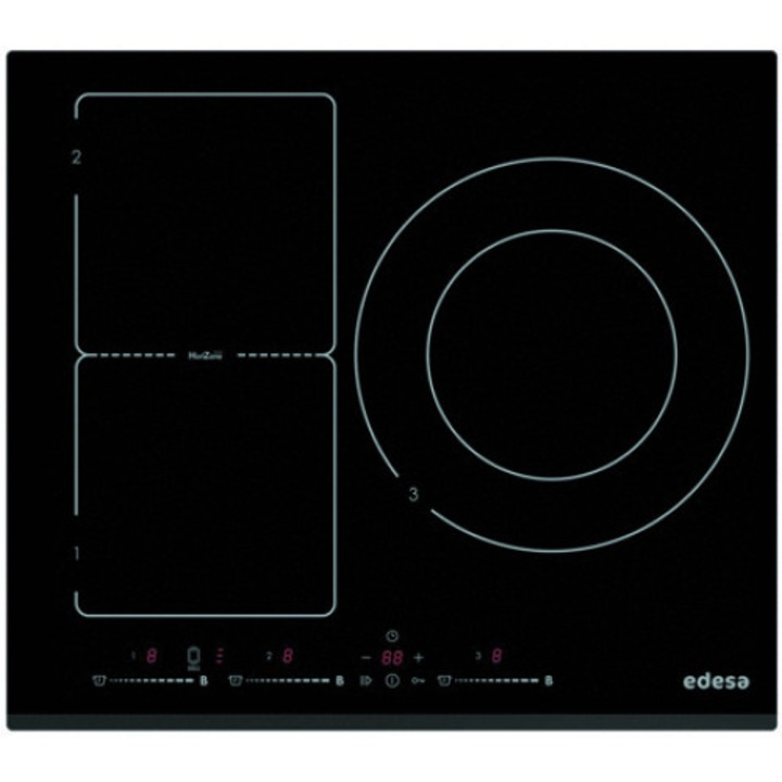 Индукционен котлон Edesa, EIM 6330 HT A, 3 зони, 9 нива, индивидуален селектор, max 7kw, термостат и предпазно заключване, индикатор за топлина, стоп и тръгване, предварително зададени функции, сензорен