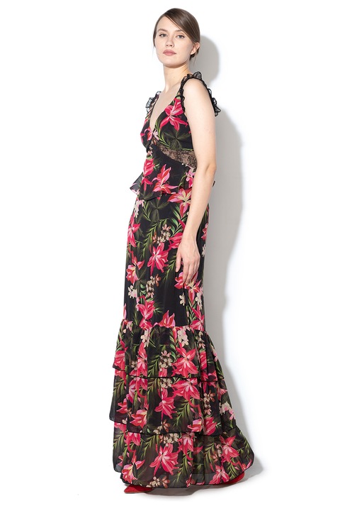 Guess, Флорална рокля с дизайн на пластове, Зелен/Розово/Черен, XS