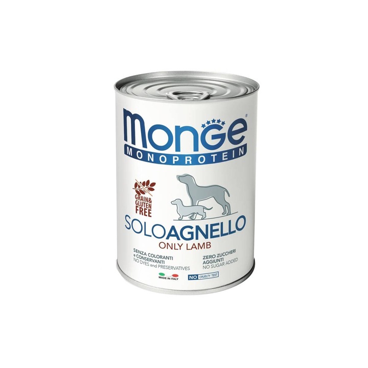 Hrana monoproteica pentru caini, Monge Solo agnello (miel) 400g