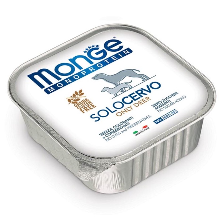 Hrana monoproteica pentru caini, Monge Solo cervo (cerb) 150g