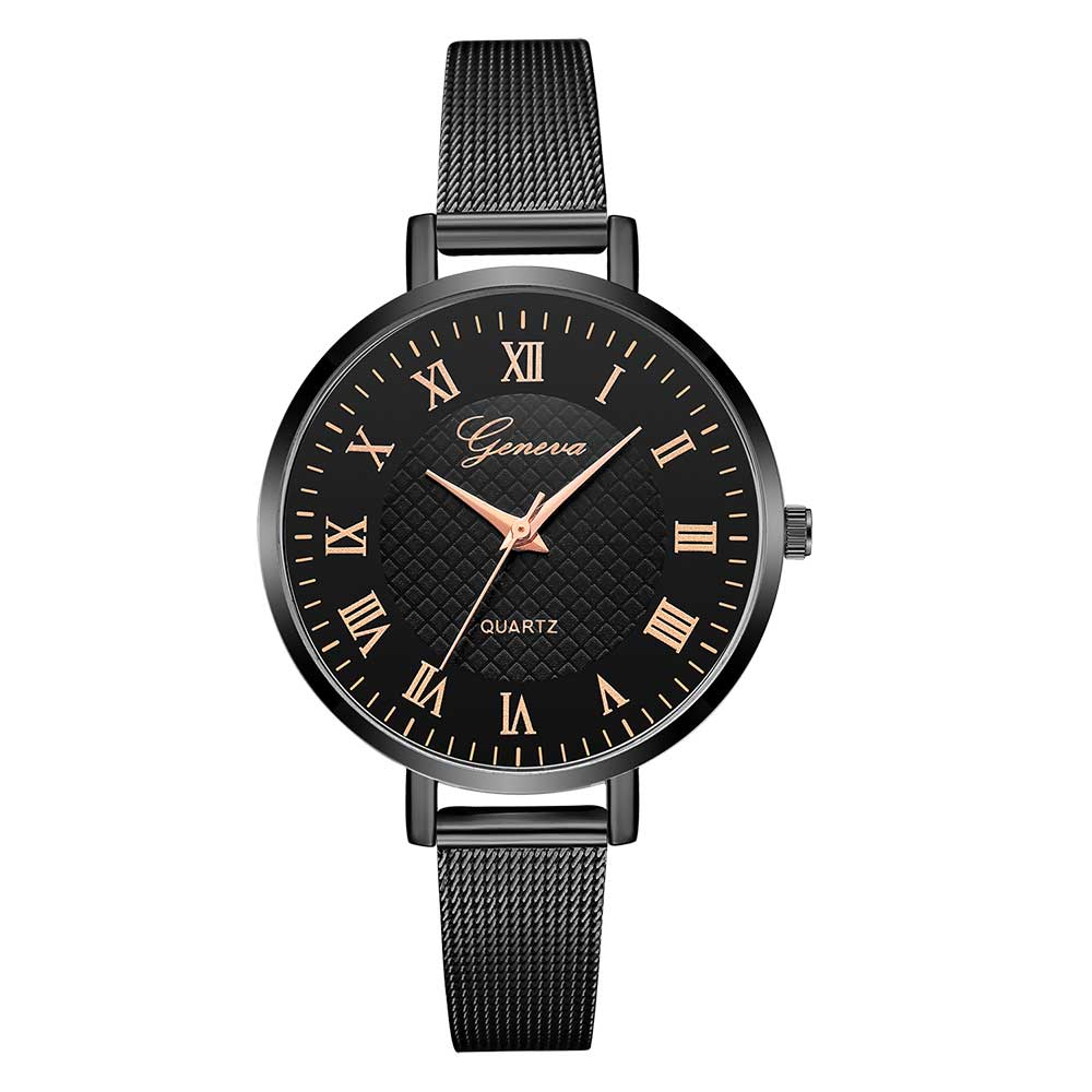 Ceas Geneva Dama Quartz Casual Elegant Negru, PN999300NU, curea din metal (mesh), afisaj Analog