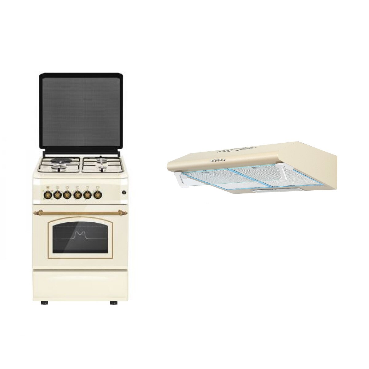 Aragaz mixt Studio Casa Firenze FE50/553G+1EL, 3 arzatoare gaz , 1 arzator electric, Cuptor electric, 50 cm + Hota clasica Olymp Beige, Putere de absorbtie 310 m3/h, 2 motoare, 60 cm, Crem