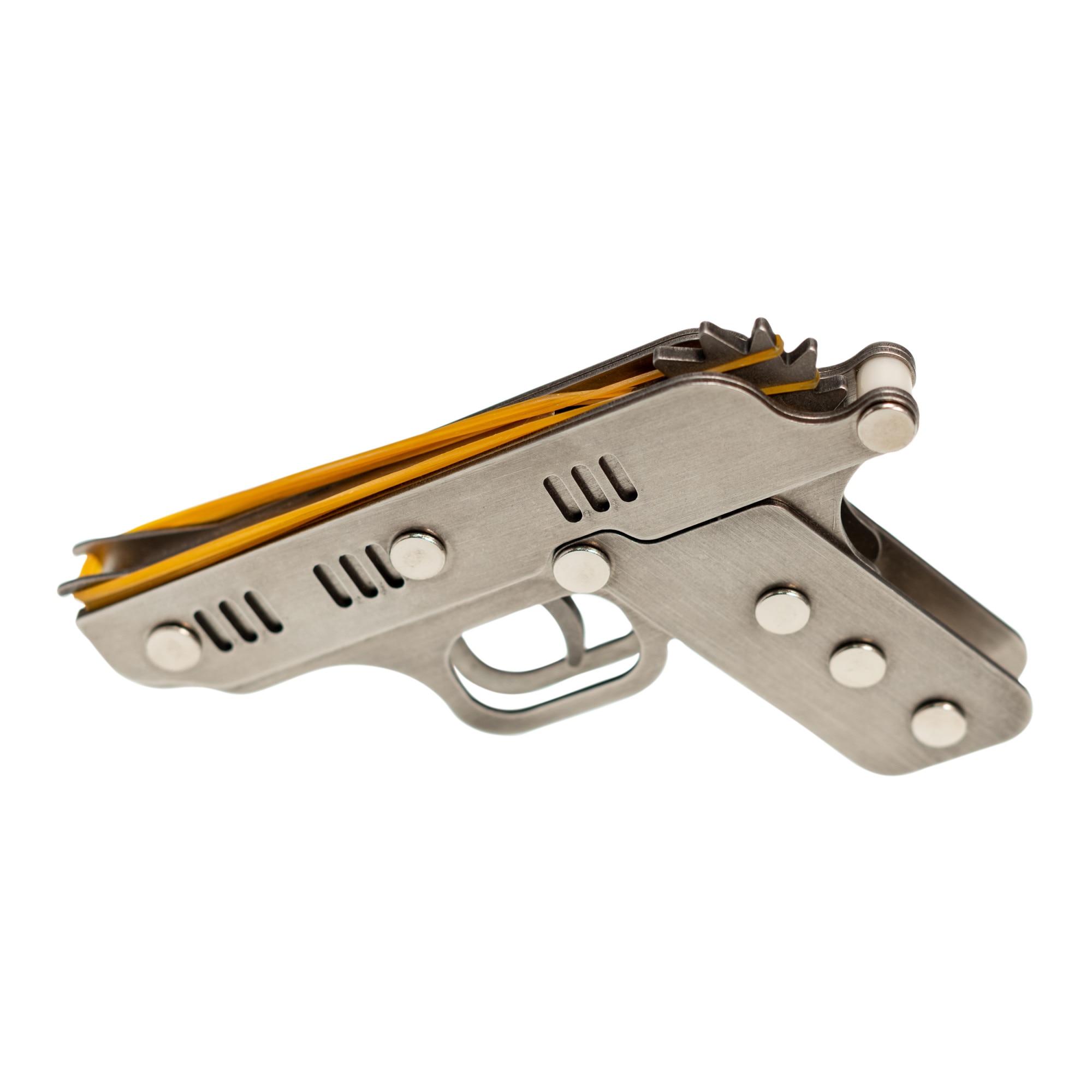 Set pistol jucarie otel si 300 benzi latex, lansare elastice cauciuc nepericuloase, multiple trageri, similar prastie