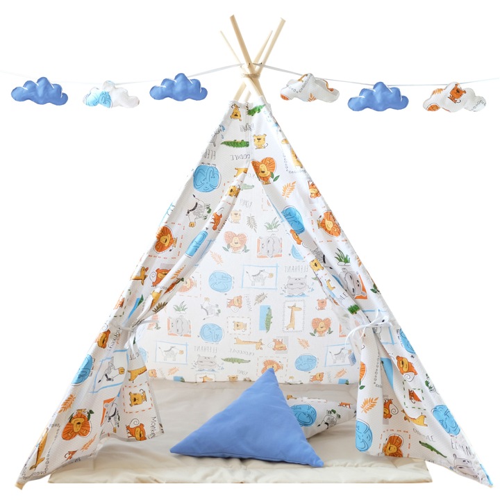 Set cort copii, cort + saltea + 2 pernute + ghirlanda cu norisori CADOU, Loofy Teepee Lion
