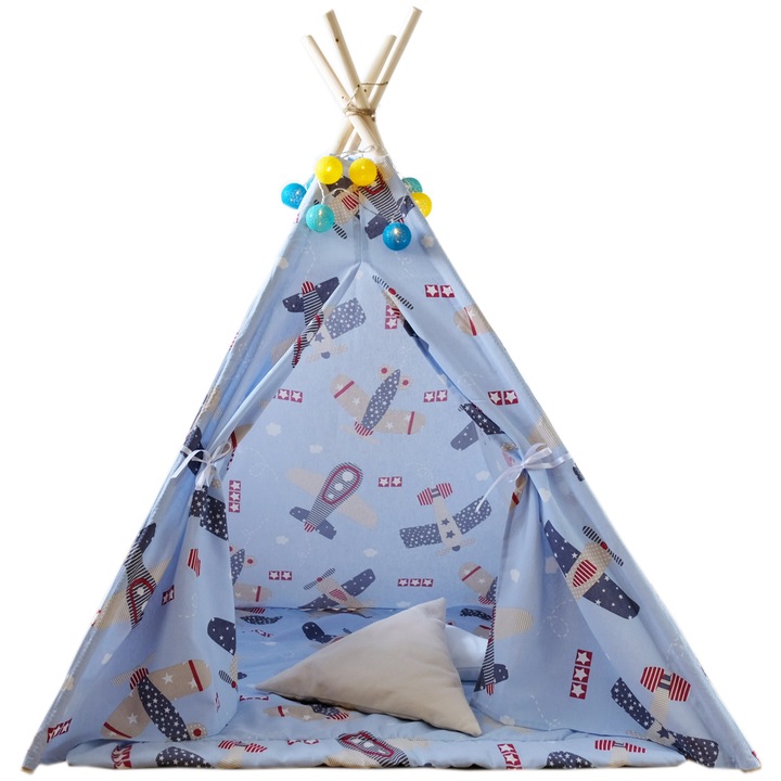 Set cort copii, Cort + Saltea + 2 Pernute + Ghirlanda cu luminite, Loofy Teepee Planes