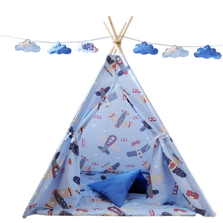Set cort copii, Cort + Saltea + 2 Pernute + Ghirlanda cu norisori CADOU, Loofy Teepee Planes