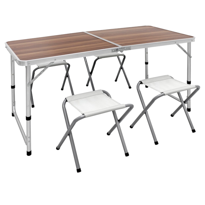 ECD Germany kemping készlet, asztallal és 4 székkel, 120 x 60 x 55/63/70 cm, állítható, alumínium és MDF