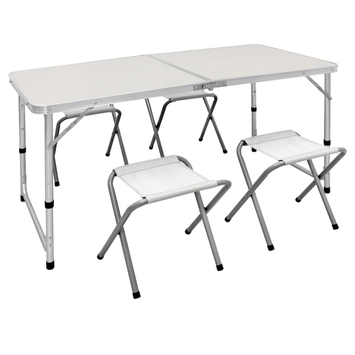 ECD Germany Kempingkészlet, Asztallal és 4 székkel, 120 x 60 x 55/63/70 cm, Állítható, Alumíniumból és MDF-ből, Fehér-Krém