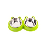 Castron dublu in forma de broasca pentru caini si pisici cu boluri din inox detasabile, Verde, Doty