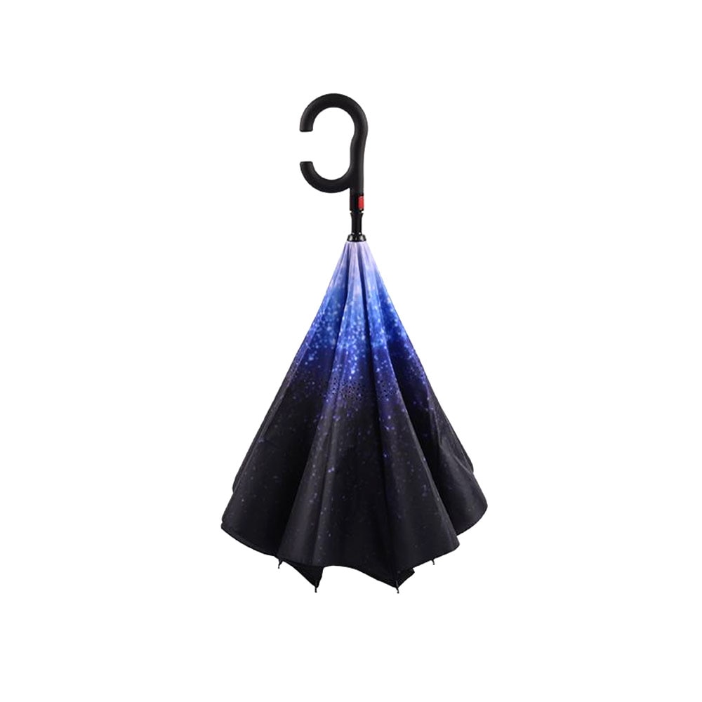 Umbrela de ploaie reversibila / inversata, strat dublu, ideala pentru masina, 106cm diametru, imprimeu cu peisaj stelar