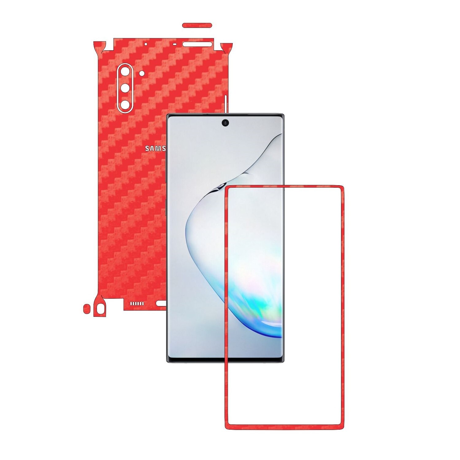 Folie Protectie Carbon Skinz pentru Samsung Galaxy Note 10 (5G) - Carbon Rosu 360 Cut, Skin Adeziv Full Body Cover pentru Rama Ecran, Carcasa Spate si Laterale