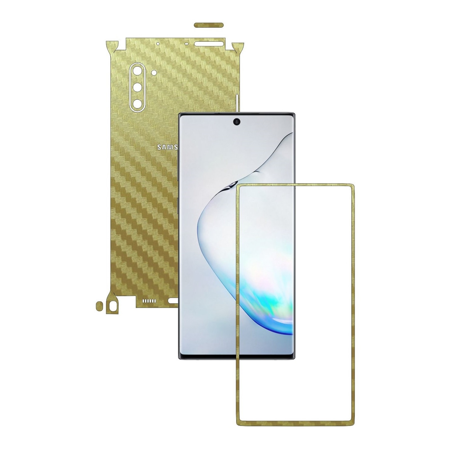 Folie Protectie Carbon Skinz pentru Samsung Galaxy Note 10 (5G) - Carbon Auriu 360 Cut, Skin Adeziv Full Body Cover pentru Rama Ecran, Carcasa Spate si Laterale