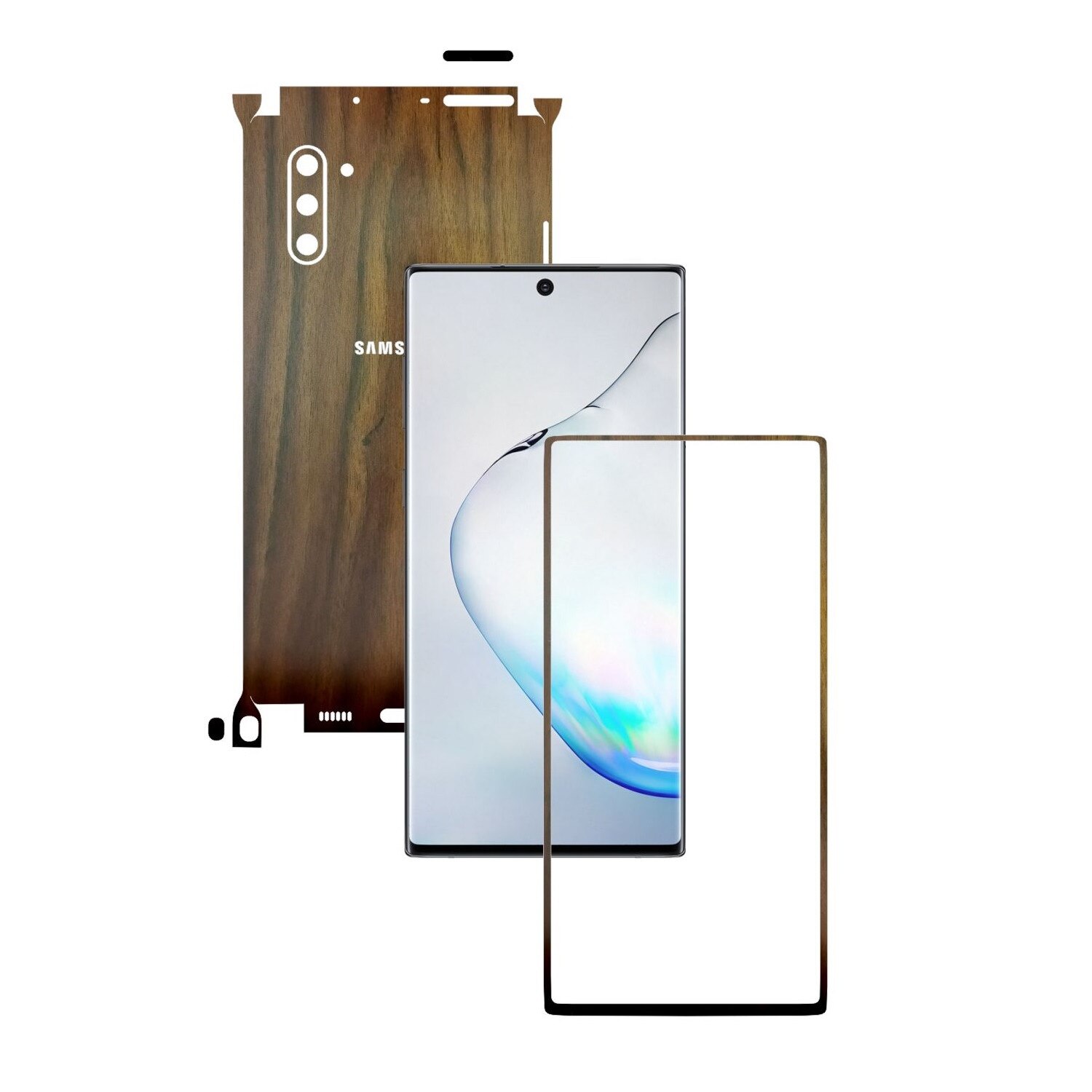 Folie Protectie Carbon Skinz pentru Samsung Galaxy Note 10 (5G) - Lemn Nuc 360 Cut, Skin Adeziv Full Body Cover pentru Rama Ecran, Carcasa Spate si Laterale