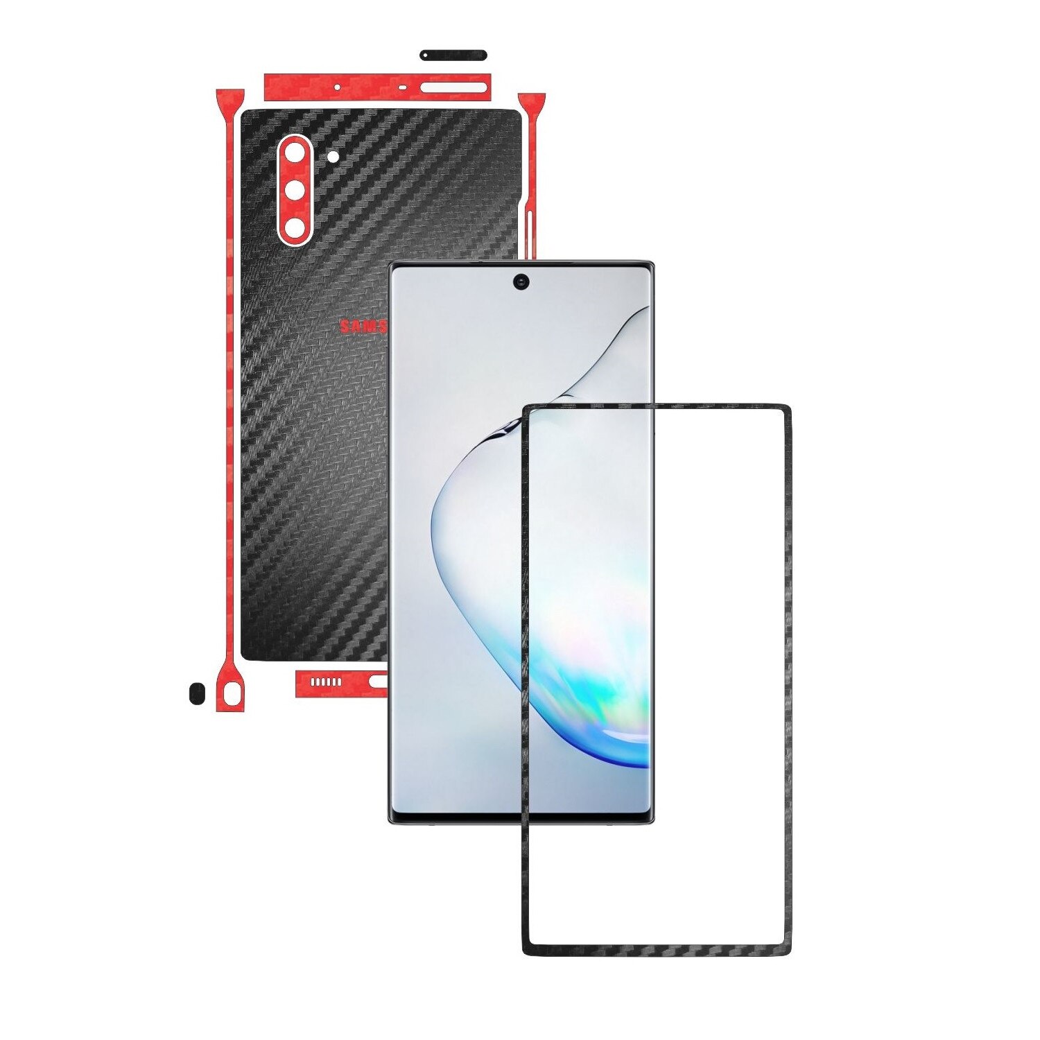 Folie Protectie Carbon Skinz pentru Samsung Galaxy Note 10 (5G) - Carbon Two Tone Negru / Rosu, Skin Adeziv Full Body Cover pentru Rama Ecran, Carcasa Spate si Laterale