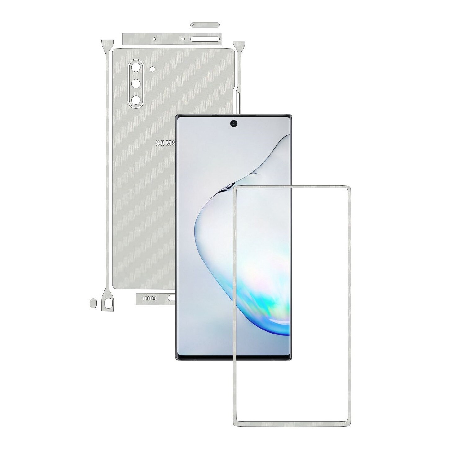 Folie Protectie Carbon Skinz pentru Samsung Galaxy Note 10 (5G) - Carbon Alb Split Cut, Skin Adeziv Full Body Cover pentru Rama Ecran, Carcasa Spate si Laterale