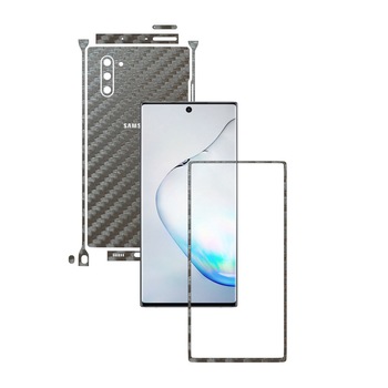 Folie Protectie Carbon Skinz pentru Samsung Galaxy Note 10 (5G) - Carbon Gri Argintiu Split Cut, Skin Adeziv Full Body Cover pentru Rama Ecran, Carcasa Spate si Laterale