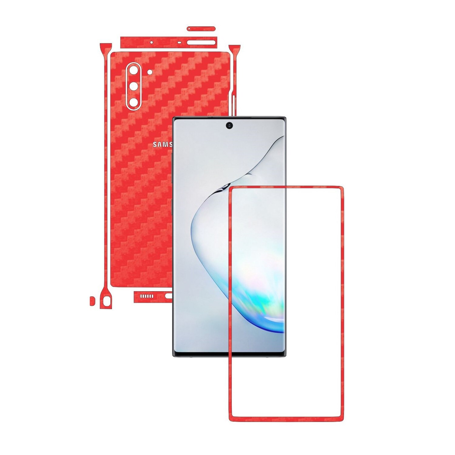 Folie Protectie Carbon Skinz pentru Samsung Galaxy Note 10 (5G) - Carbon Rosu Split Cut, Skin Adeziv Full Body Cover pentru Rama Ecran, Carcasa Spate si Laterale