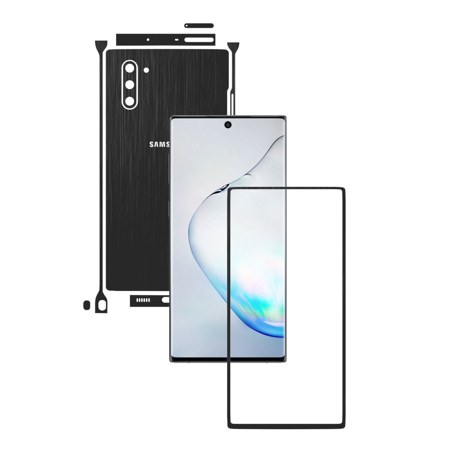 Folie Protectie Carbon Skinz pentru Samsung Galaxy Note 10 (5G) - Brushed Negru Split Cut, Skin Adeziv Full Body Cover pentru Rama Ecran, Carcasa Spate si Laterale