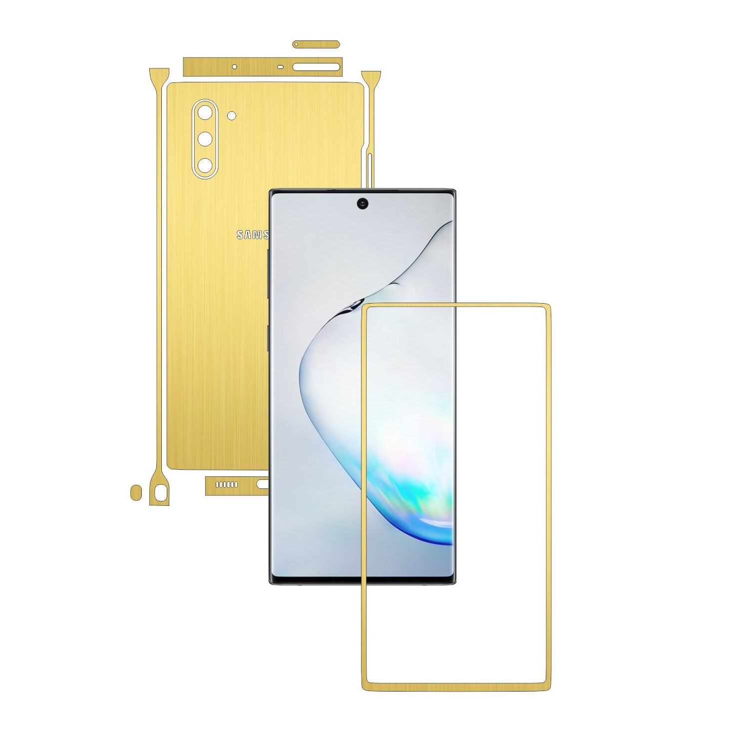 Folie Protectie Carbon Skinz pentru Samsung Galaxy Note 10 (5G) - Brushed Auriu Split Cut, Skin Adeziv Full Body Cover pentru Rama Ecran, Carcasa Spate si Laterale