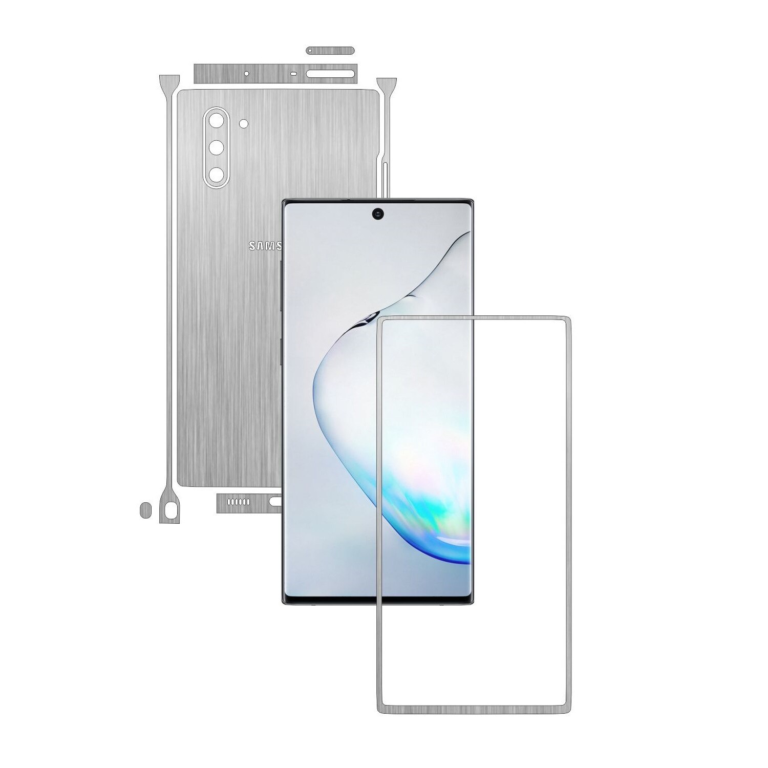 Folie Protectie Carbon Skinz pentru Samsung Galaxy Note 10 (5G) - Brushed Argintiu Split Cut, Skin Adeziv Full Body Cover pentru Rama Ecran, Carcasa Spate si Laterale