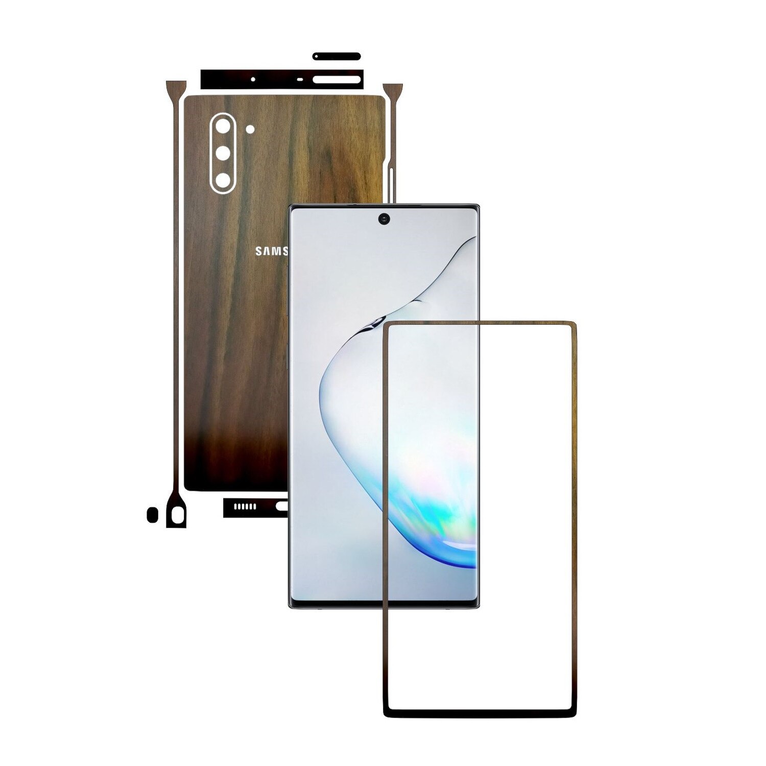 Folie Protectie Carbon Skinz pentru Samsung Galaxy Note 10 (5G) - Lemn Nuc Split Cut, Skin Adeziv Full Body Cover pentru Rama Ecran, Carcasa Spate si Laterale