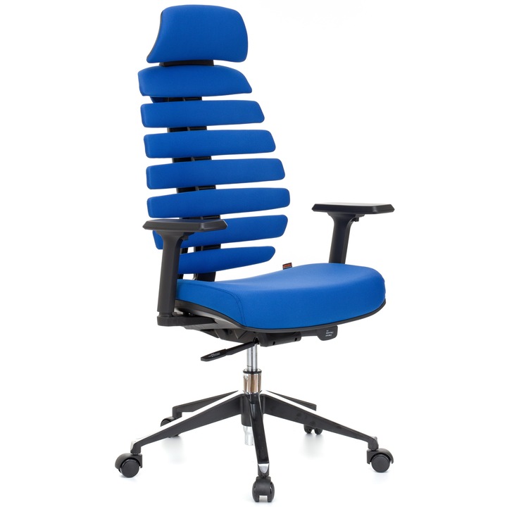 QMOBILI ERGO LINE HI Kék ergonomikus szék, szövet, fejtámla, csúszó ülés, önállóan állítható deréktámasz, állítható 3D karfa, alumínium csillagláb, gumírozott görgők
