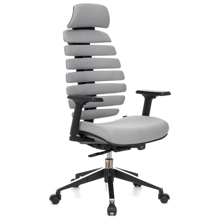 QMOBILI ERGO LINE HI Szürke ergonomikus szék, szövet, fejtámla, csúszó ülés, önállóan állítható deréktámasz, állítható 3D karfa, alumínium csillagláb, gumírozott görgők
